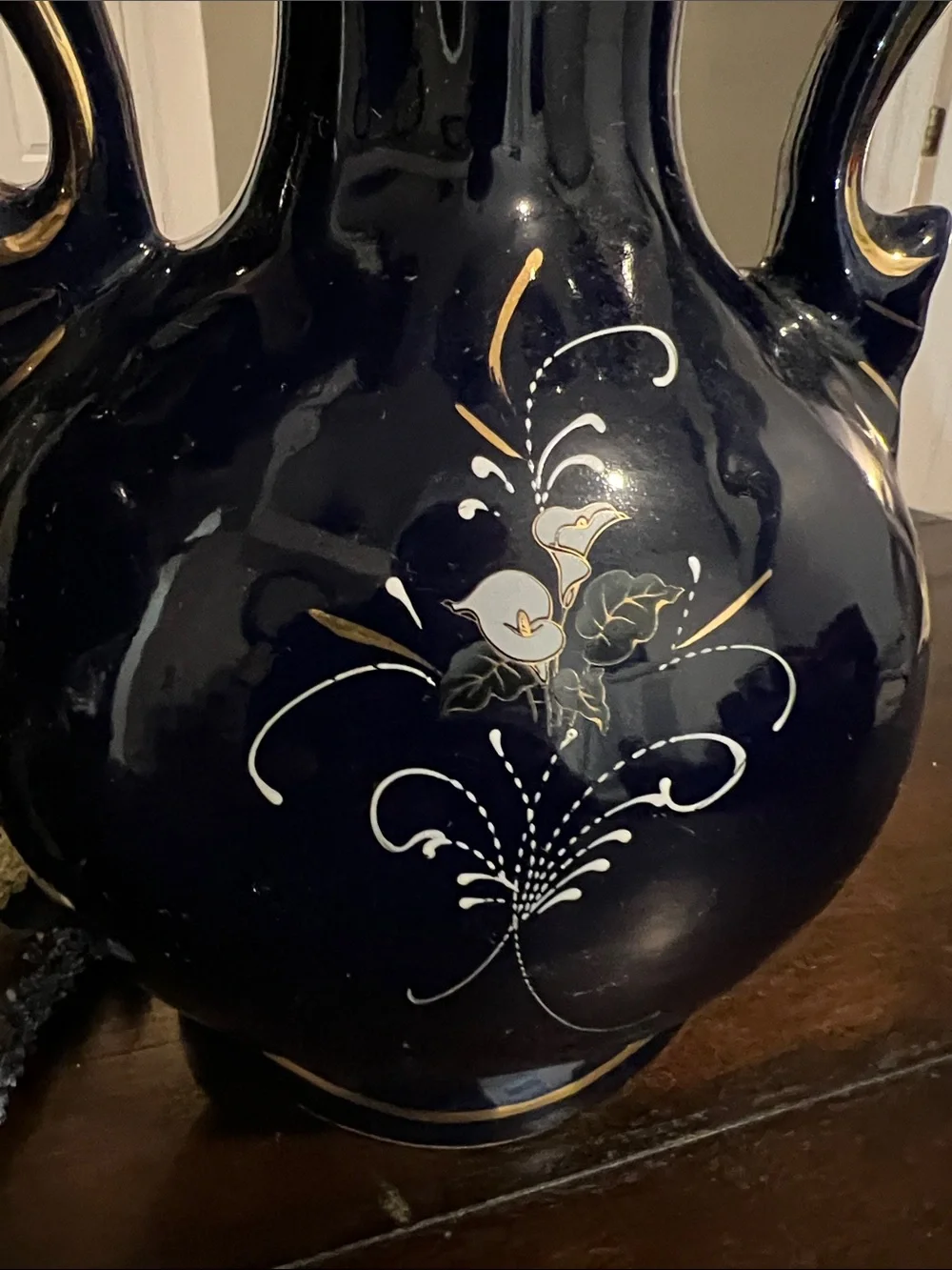 Pair of Decorative Ceramic Vases - Black and Blue Floral Accents